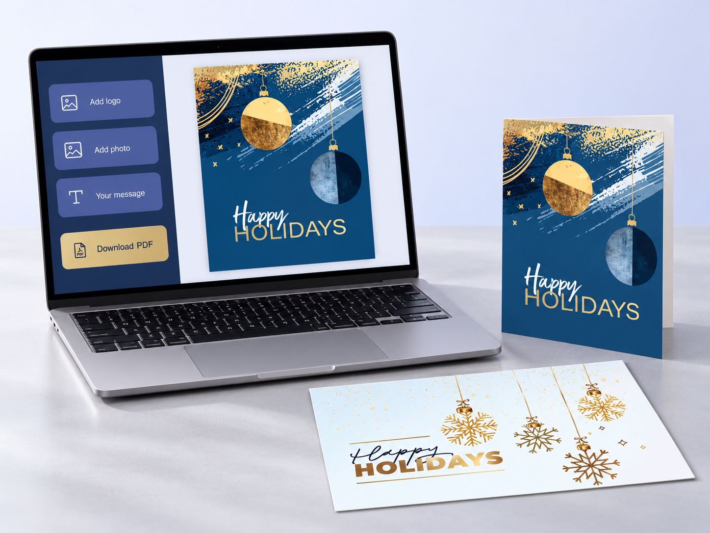 Laptop showing holiday card customization controls beside matching holiday cards