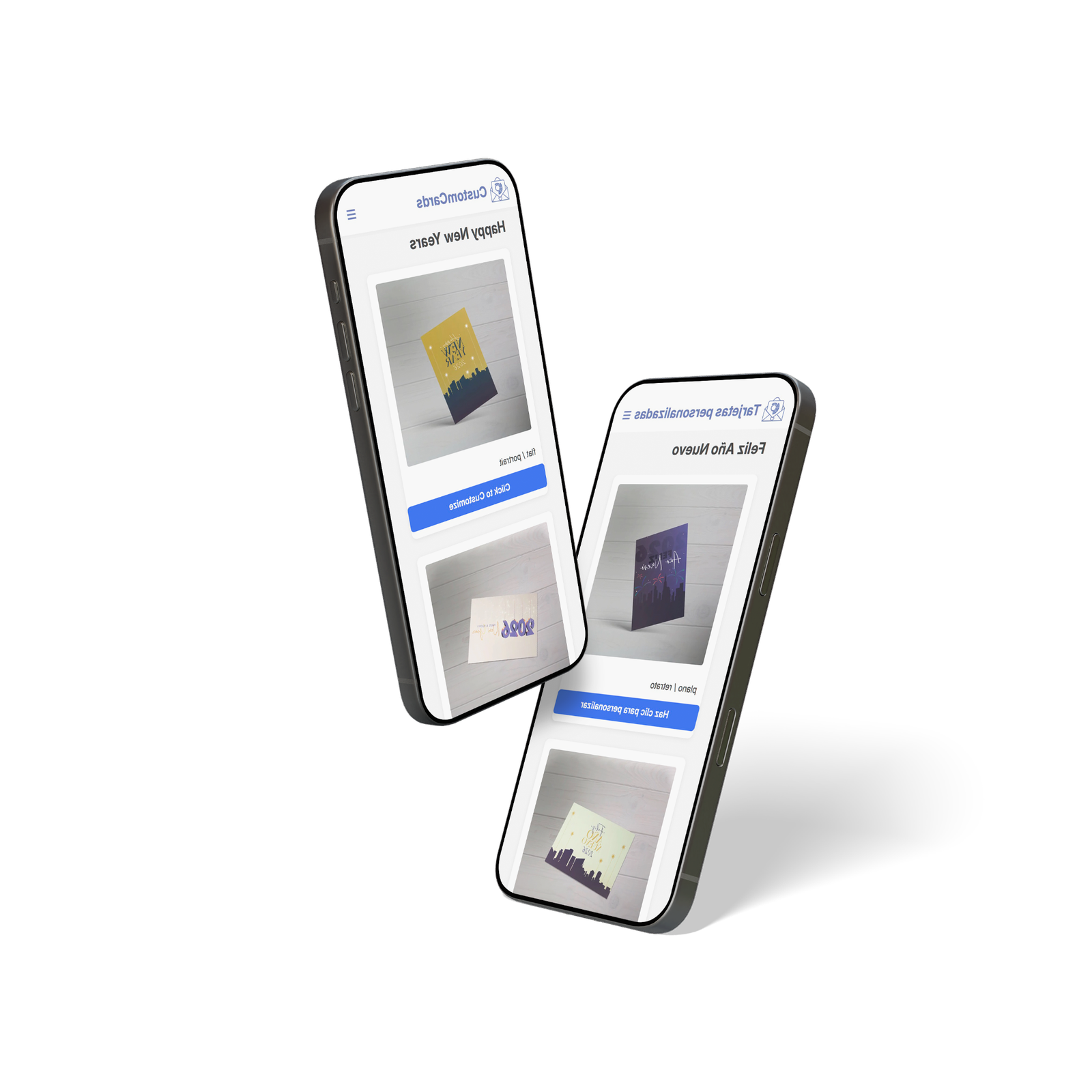 CustomCards holiday designs displayed on two phones
